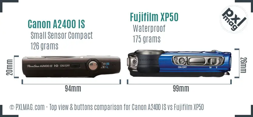 Canon A2400 IS vs Fujifilm XP50 top view buttons comparison