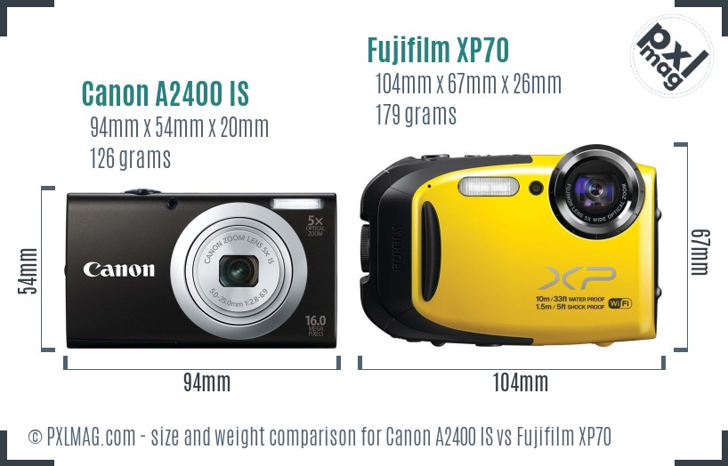 Canon A2400 IS vs Fujifilm XP70 size comparison