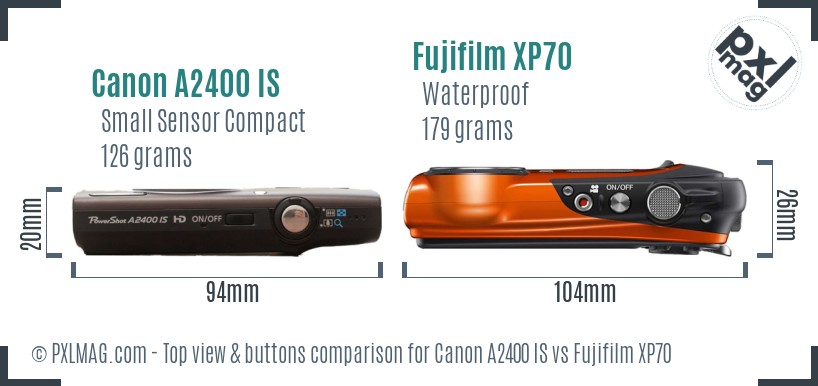 Canon A2400 IS vs Fujifilm XP70 top view buttons comparison
