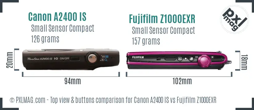 Canon A2400 IS vs Fujifilm Z1000EXR top view buttons comparison