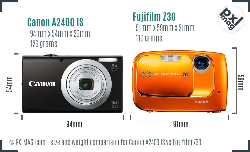 Canon A2400 IS vs Fujifilm Z30 size comparison