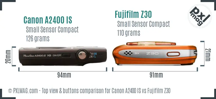 Canon A2400 IS vs Fujifilm Z30 top view buttons comparison