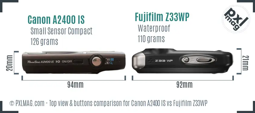 Canon A2400 IS vs Fujifilm Z33WP top view buttons comparison