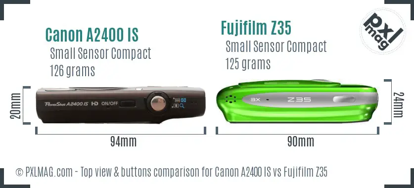 Canon A2400 IS vs Fujifilm Z35 top view buttons comparison Canon A2400 IS vs Fujifilm Z35 top view buttons comparison