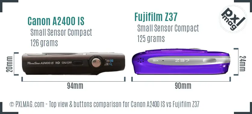 Canon A2400 IS vs Fujifilm Z37 top view buttons comparison