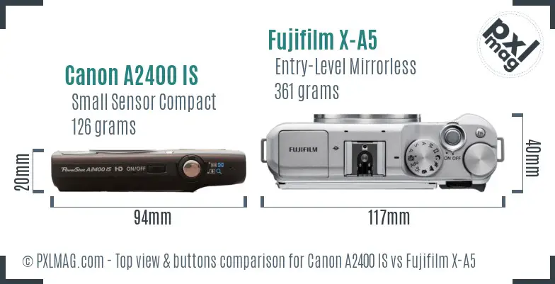 Canon A2400 IS vs Fujifilm X-A5 top view buttons comparison