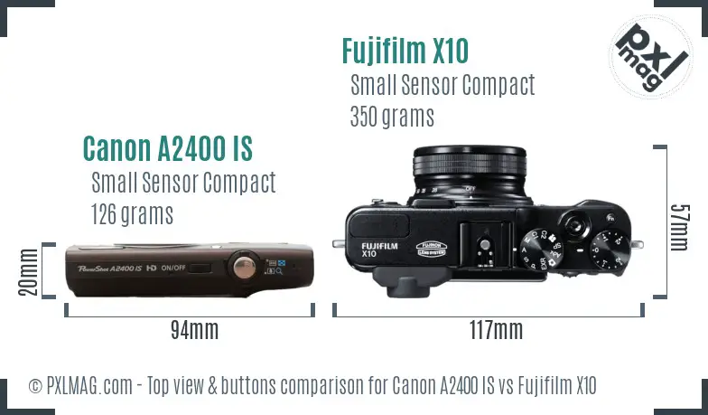 Canon A2400 IS vs Fujifilm X10 top view buttons comparison