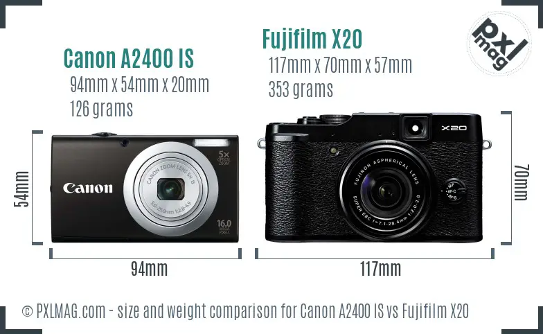 Canon A2400 IS vs Fujifilm X20 size comparison