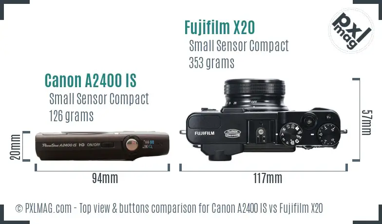 Canon A2400 IS vs Fujifilm X20 top view buttons comparison
