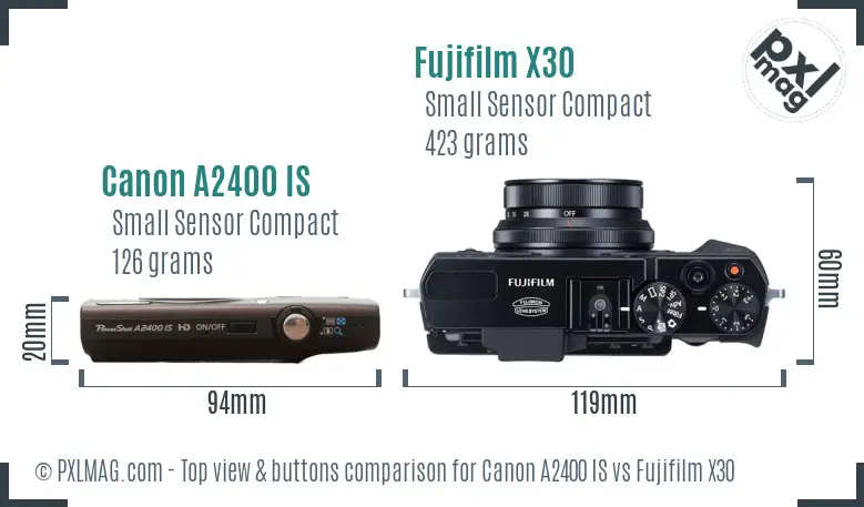 Canon A2400 IS vs Fujifilm X30 top view buttons comparison