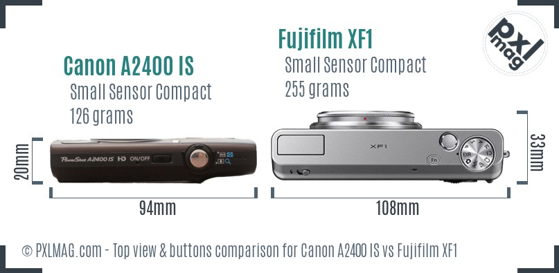 Canon A2400 IS vs Fujifilm XF1 top view buttons comparison