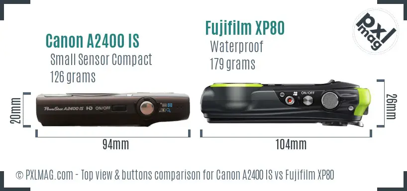 Canon A2400 IS vs Fujifilm XP80 top view buttons comparison Canon A2400 IS vs Fujifilm XP80 top view buttons comparison
