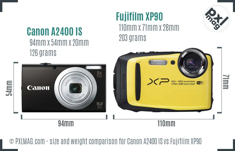 Canon A2400 IS vs Fujifilm XP90 size comparison Canon A2400 IS vs Fujifilm XP90 size comparison