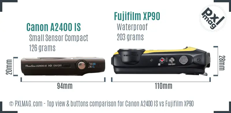 Canon A2400 IS vs Fujifilm XP90 top view buttons comparison