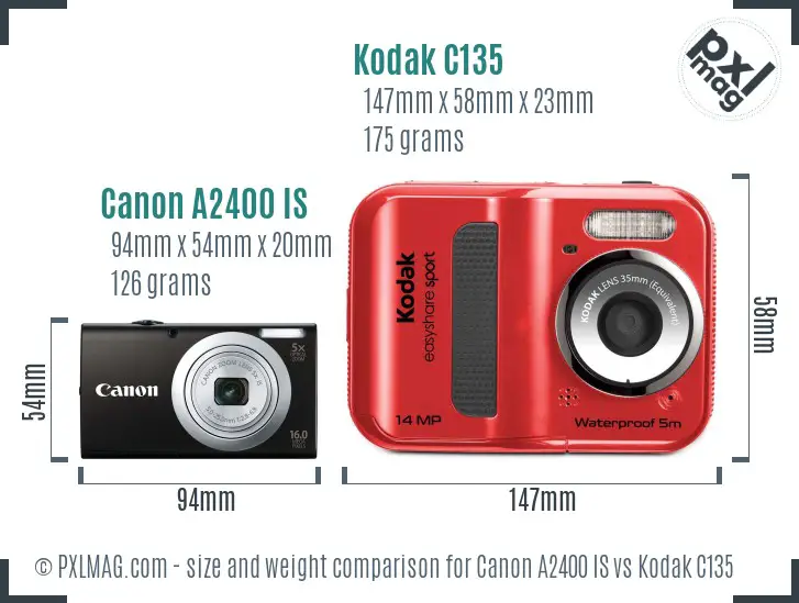 Canon A2400 IS vs Kodak C135 size comparison