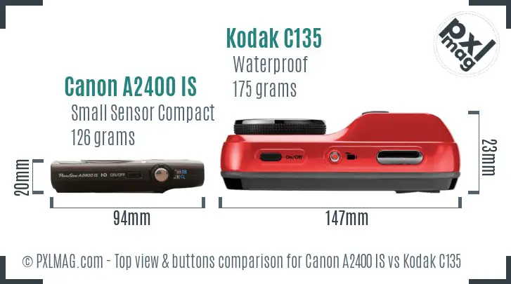 Canon A2400 IS vs Kodak C135 top view buttons comparison