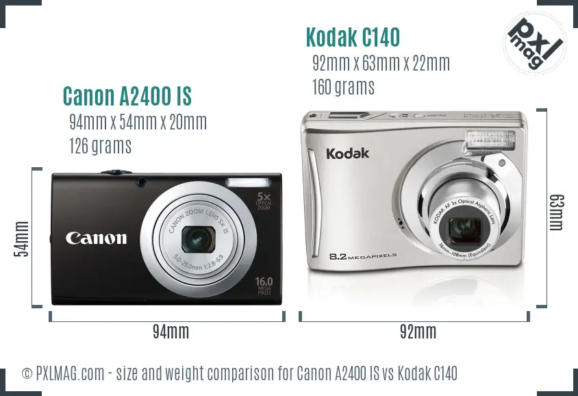 Canon A2400 IS vs Kodak C140 size comparison