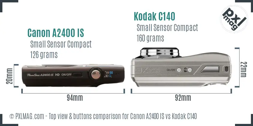 Canon A2400 IS vs Kodak C140 top view buttons comparison