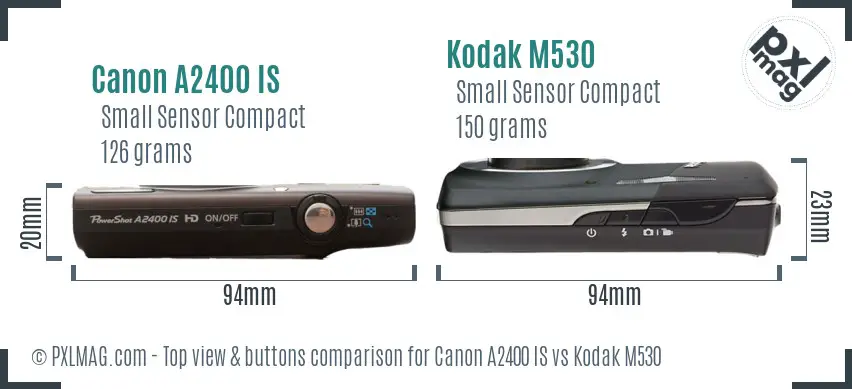 Canon A2400 IS vs Kodak M530 top view buttons comparison