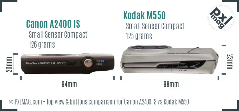 Canon A2400 IS vs Kodak M550 top view buttons comparison Canon A2400 IS vs Kodak M550 top view buttons comparison