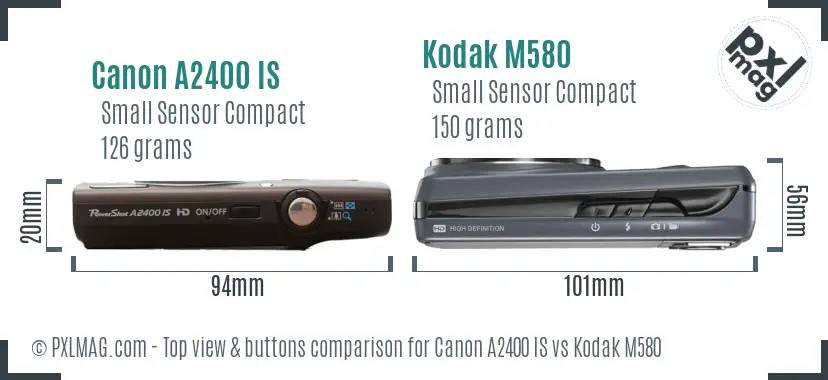 Canon A2400 IS vs Kodak M580 top view buttons comparison Canon A2400 IS vs Kodak M580 top view buttons comparison