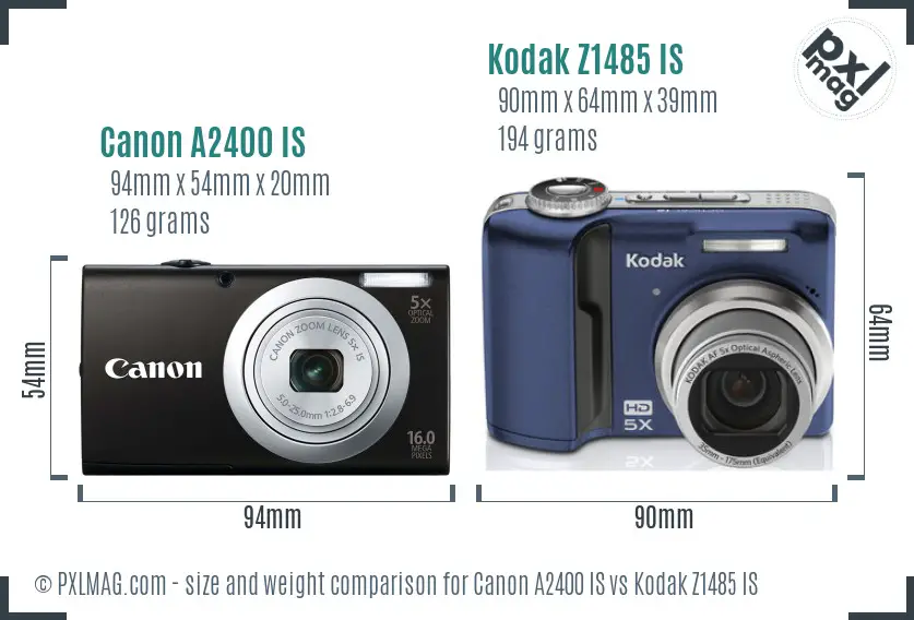 Canon A2400 IS vs Kodak Z1485 IS size comparison