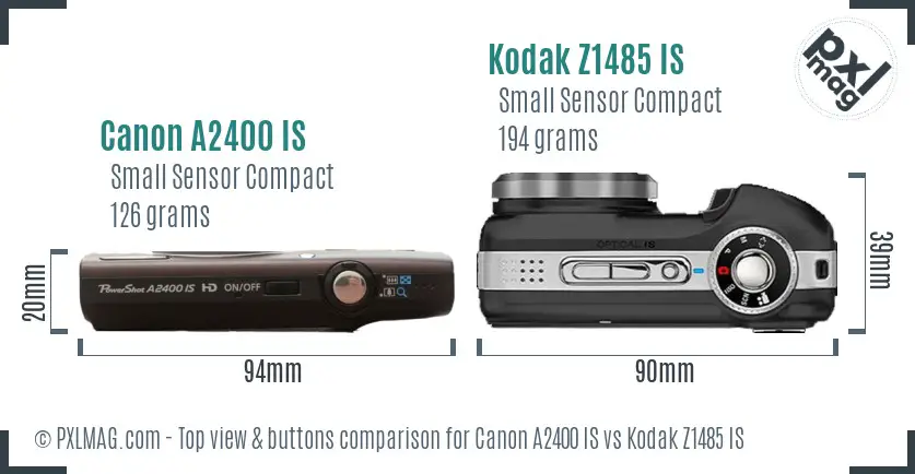 Canon A2400 IS vs Kodak Z1485 IS top view buttons comparison