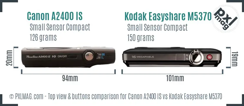 Canon A2400 IS vs Kodak Easyshare M5370 top view buttons comparison