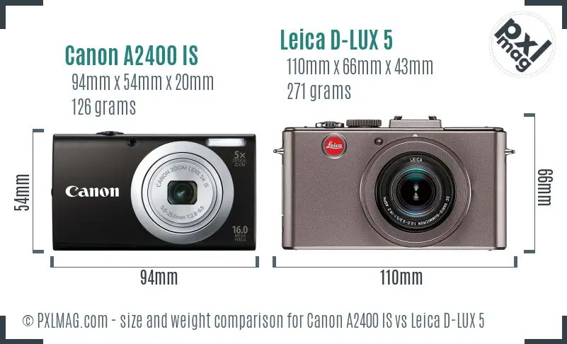 Canon A2400 IS vs Leica D-LUX 5 size comparison