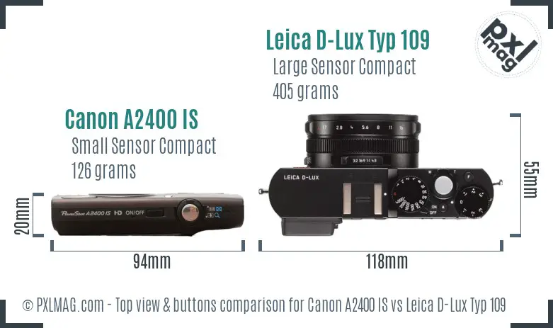 Canon A2400 IS vs Leica D-Lux Typ 109 top view buttons comparison