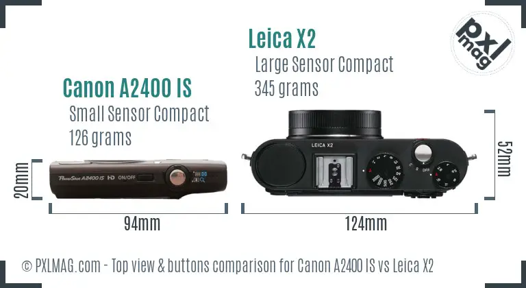 Canon A2400 IS vs Leica X2 top view buttons comparison