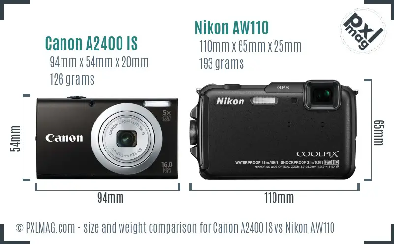 Canon A2400 IS vs Nikon AW110 size comparison