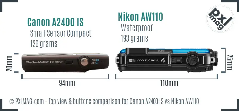 Canon A2400 IS vs Nikon AW110 top view buttons comparison