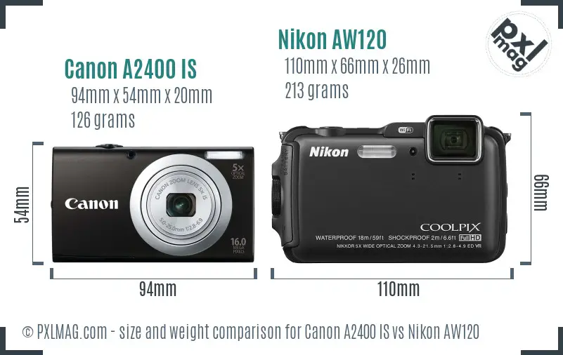 Canon A2400 IS vs Nikon AW120 size comparison