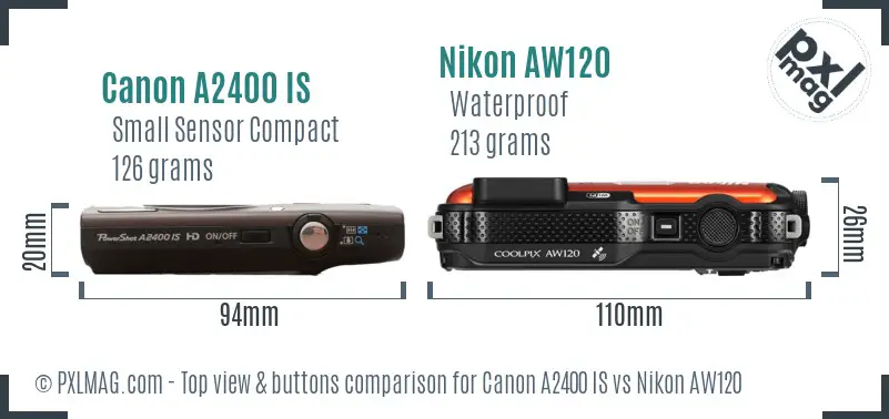 Canon A2400 IS vs Nikon AW120 top view buttons comparison