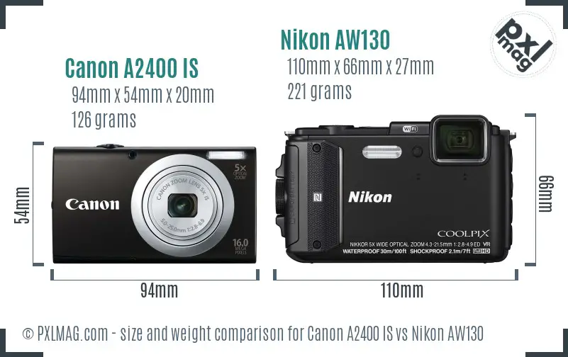 Canon A2400 IS vs Nikon AW130 size comparison