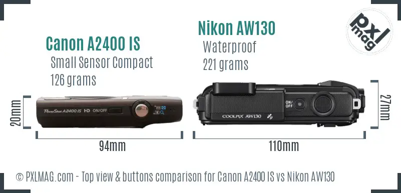 Canon A2400 IS vs Nikon AW130 top view buttons comparison