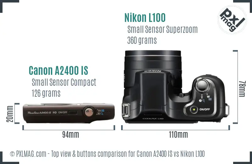 Canon A2400 IS vs Nikon L100 top view buttons comparison