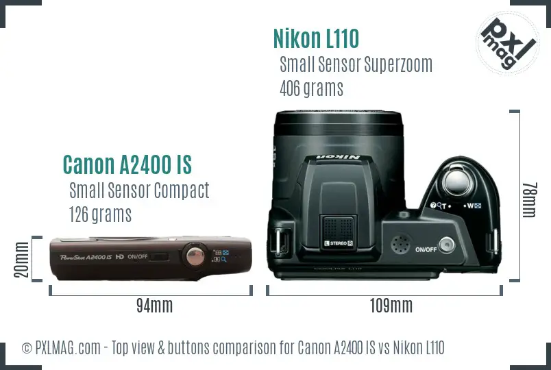 Canon A2400 IS vs Nikon L110 top view buttons comparison