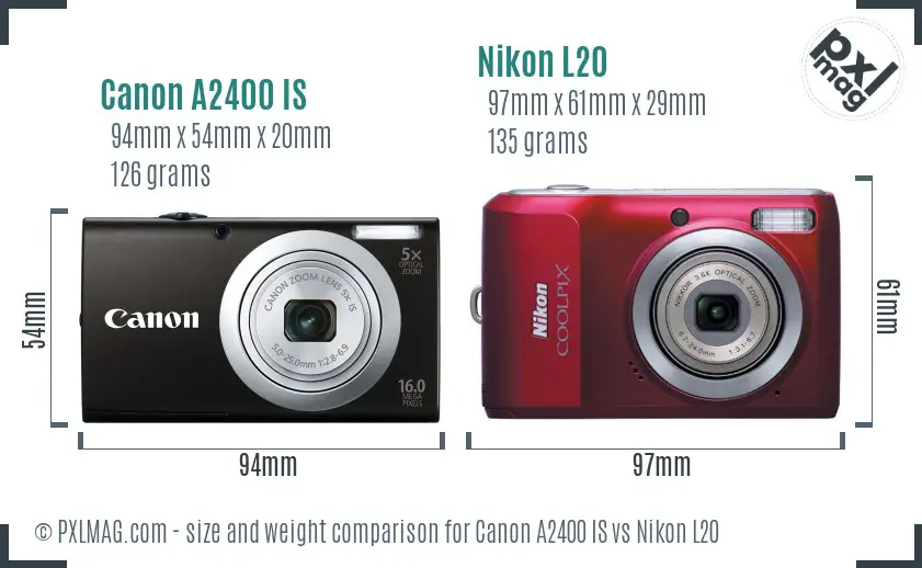 Canon A2400 IS vs Nikon L20 size comparison