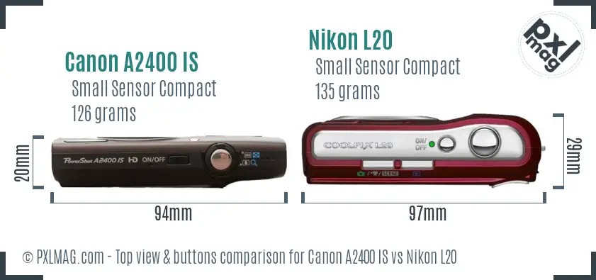 Canon A2400 IS vs Nikon L20 top view buttons comparison