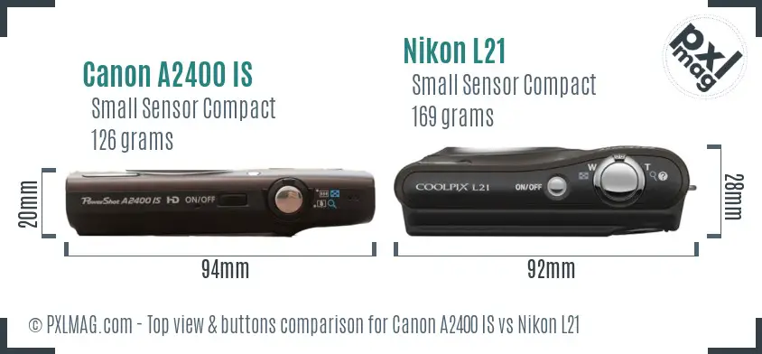 Canon A2400 IS vs Nikon L21 top view buttons comparison