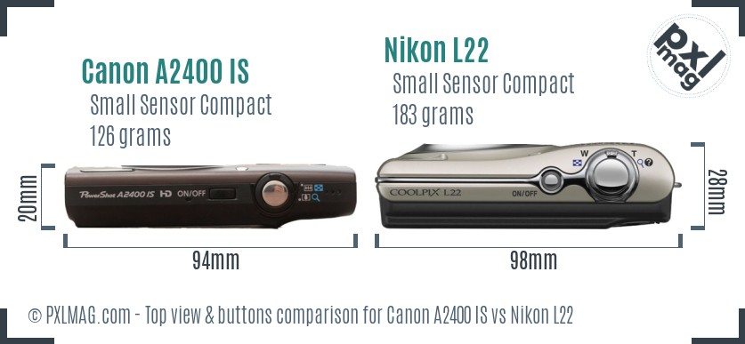 Canon A2400 IS vs Nikon L22 top view buttons comparison