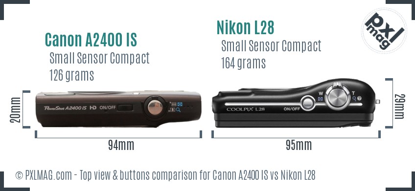 Canon A2400 IS vs Nikon L28 top view buttons comparison