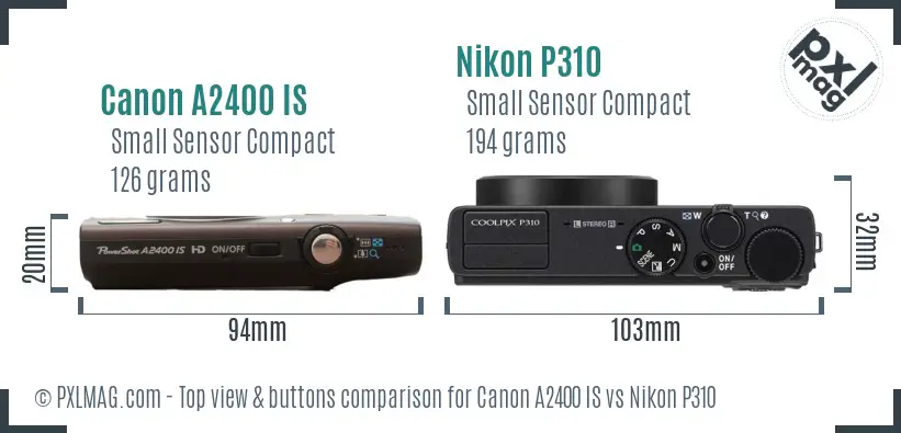 Canon A2400 IS vs Nikon P310 top view buttons comparison Canon A2400 IS vs Nikon P310 top view buttons comparison