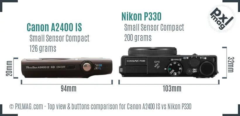 Canon A2400 IS vs Nikon P330 top view buttons comparison