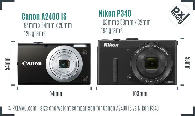 Canon A2400 IS vs Nikon P340 size comparison