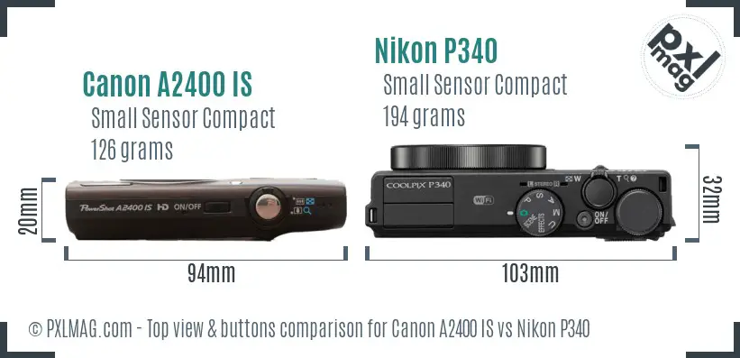 Canon A2400 IS vs Nikon P340 top view buttons comparison