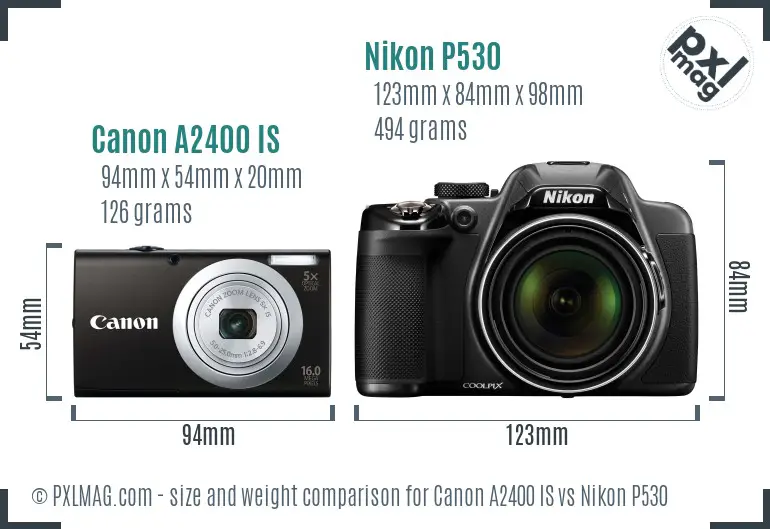 Canon A2400 IS vs Nikon P530 size comparison