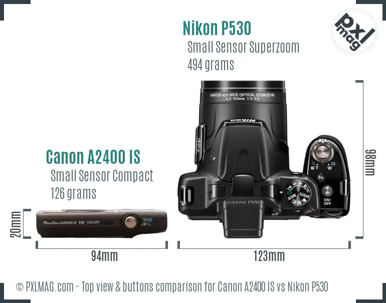 Canon A2400 IS vs Nikon P530 top view buttons comparison